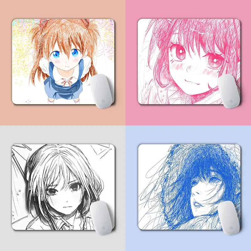 

Anime Sketch Style Small Mouse Pad Cute Kawaii Girl Line Art Anti-Slip Stitched Edge Gaming Office Laptop Desk Mat