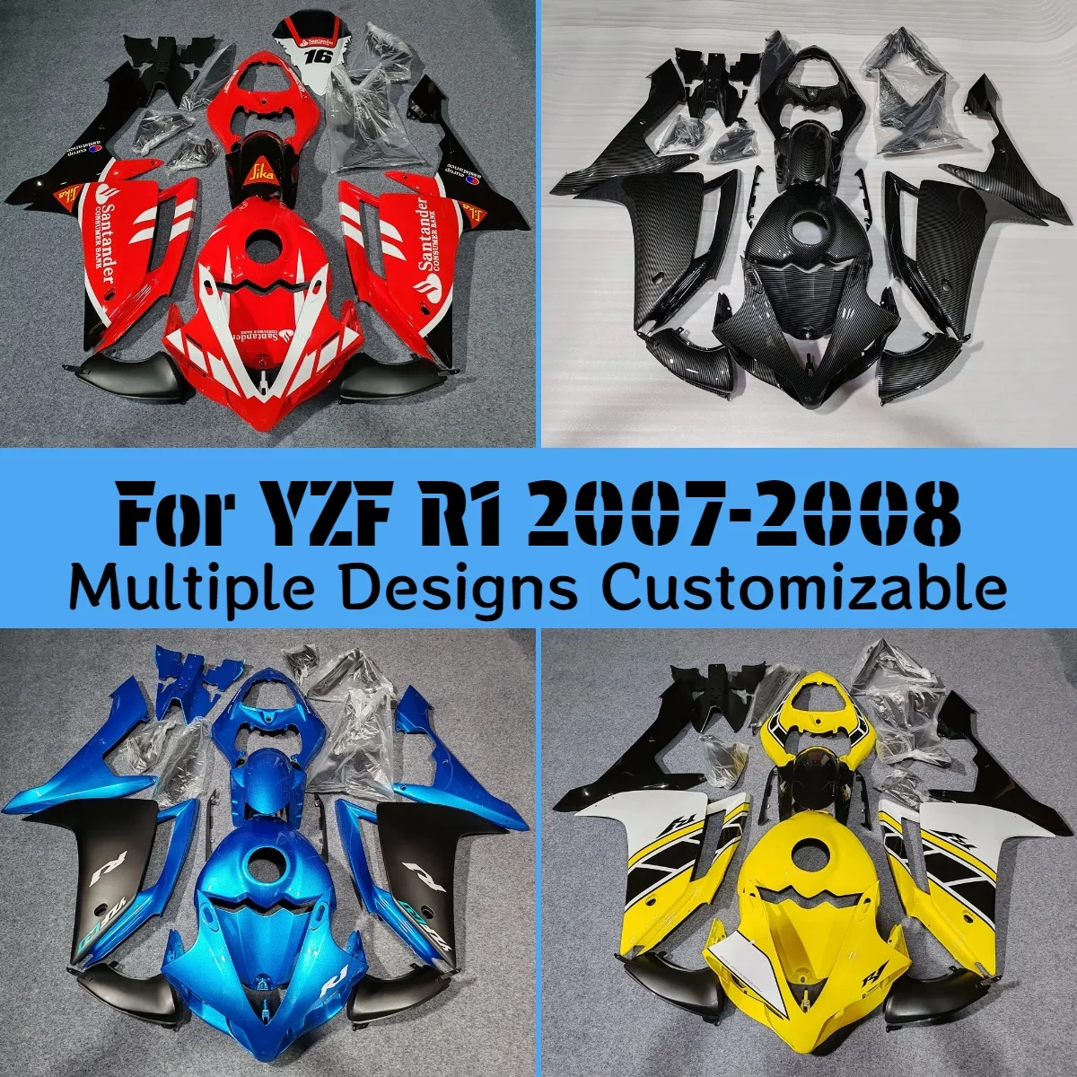 

YZFR1 2007 2008, обтекатели кузова мотоцикла для Yamaha YZF R1 07 08, настраиваемые аксессуары из углеродного волокна, комплект обтекателей