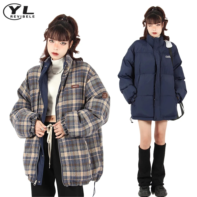 Harajuku Retro Stand Collar Parkas Men Woman Winter Thick Warm Double-sided Cotton Padded Jackets Loose Casual Lightweight Coats