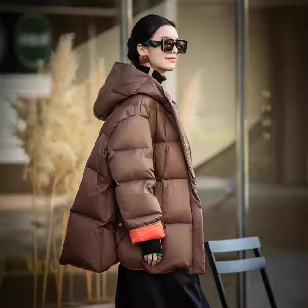 Chaqueta de plumón de pato blanco para mujer, chaqueta holgada con capucha a prueba de viento, empalme de ocio, invierno, nuevo