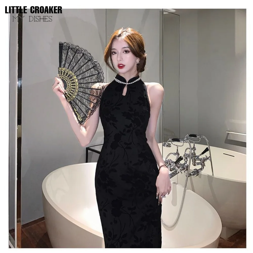 Hepburn Flocking Senior Cheongsam Elegant Summer Long Chinese Slim Sleeveless Little Black Dress Huge Thin Light Mature Dress