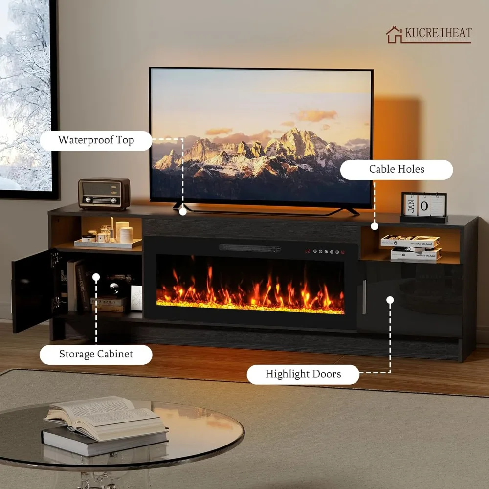 حامل تلفزيون أسود 70 مع مدفأة مدمجة لأجهزة التلفاز مقاس 75+ بوصة - مركز ترفيه مزود بمصابيح LED وتخزين وأبواب عالية اللمعان