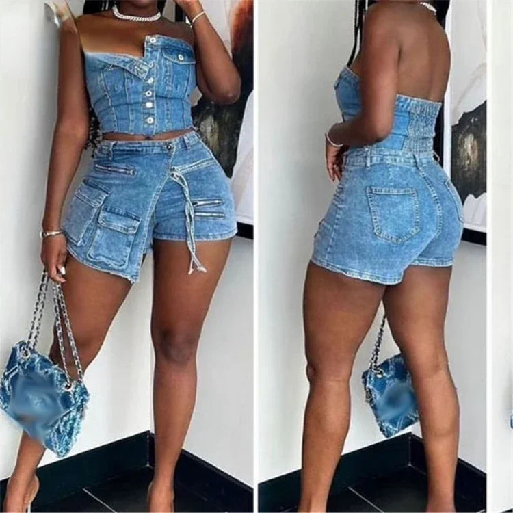 2024 New Arrival Fashion 2 Piece Jeans Button Tube Top and Cargo Pockets Skirt Shorts Women Two Piece Denim Sets