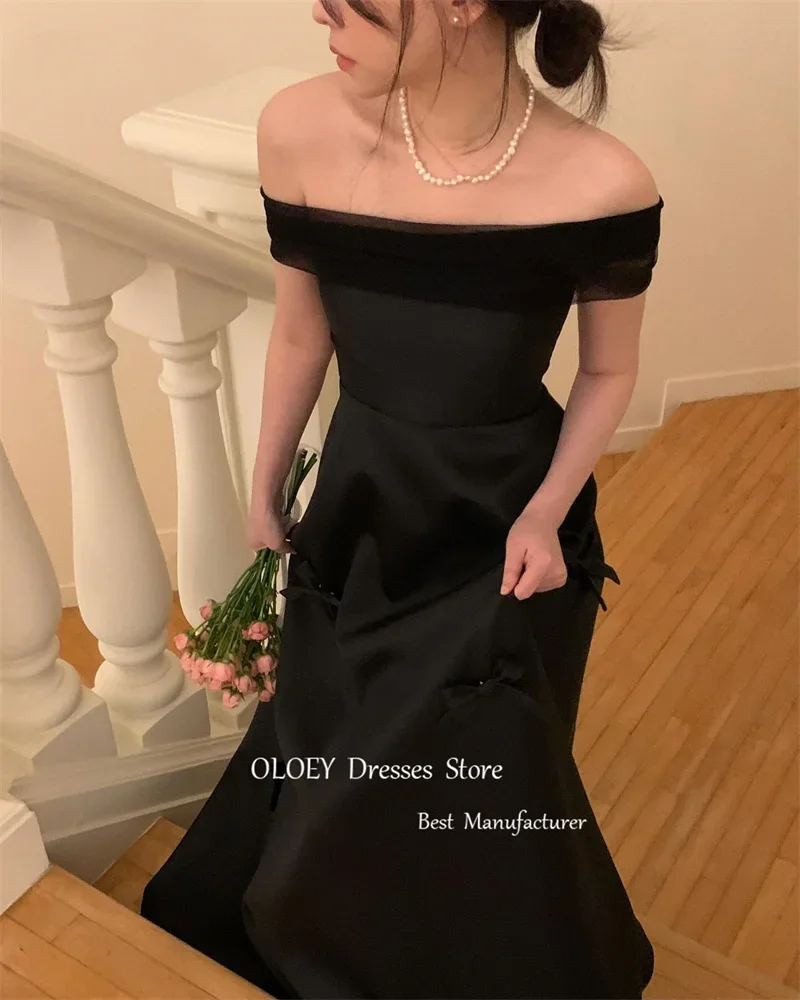 OLOEY Simple Black A Line Korea Wedding Photoshoot Dresses Strapless Bowknot Ankle Length Bridal Gowns Formal Party Dress