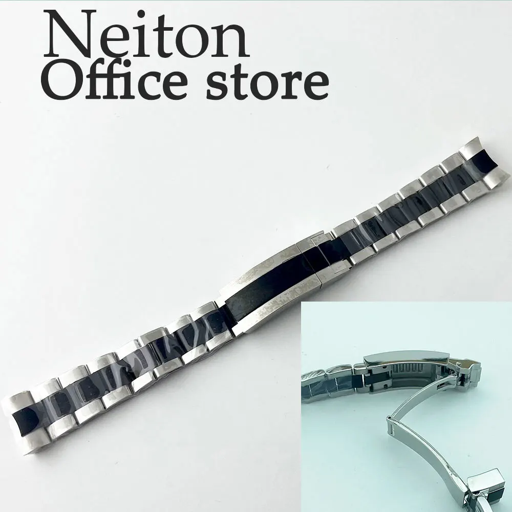 

NEITON 20mm silver black 316L solid stainless steel watch band folding buckle fit 40mm watch case bracelet mens strap