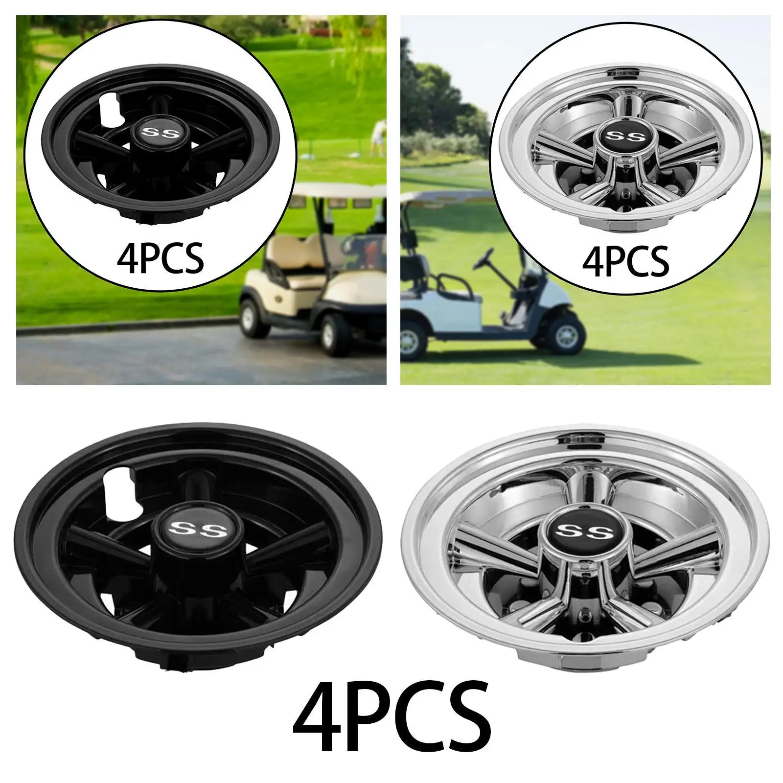 A set of sturdy golf cart hubcaps that can be quickly installed on a variety of