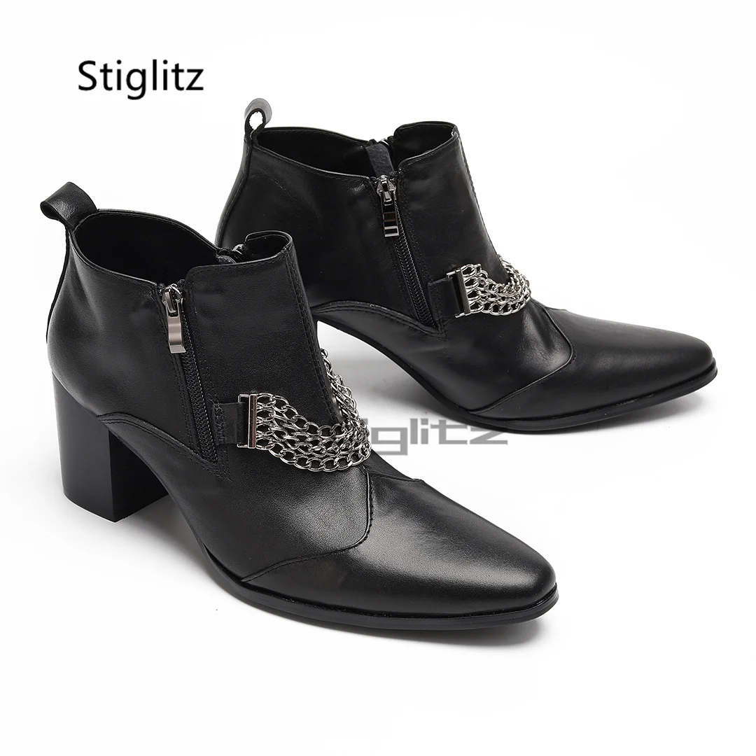 Genuine Leather Chain Boots for Men Black White High Heels Chelsea Boots Pointed Toe Side Zip Ankle Boots Business Male Shoes