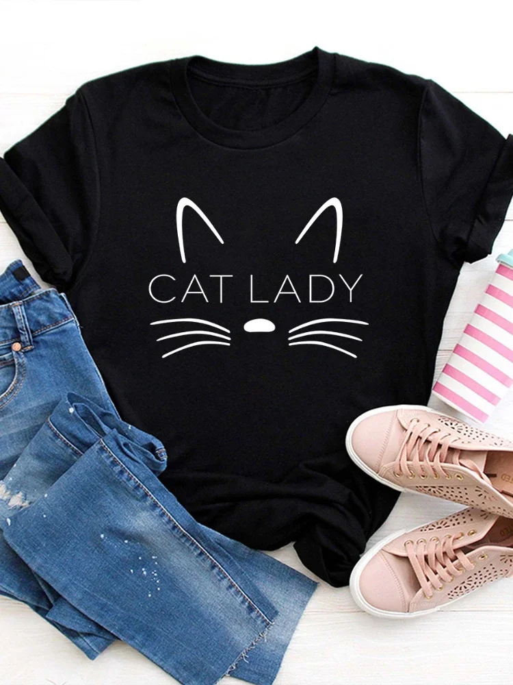 

Cute Cat Face Lady Print Women T Shirt Short Sleeve O Neck Loose Women Tshirt Ladies Tee Shirt Tops Camisetas Mujer