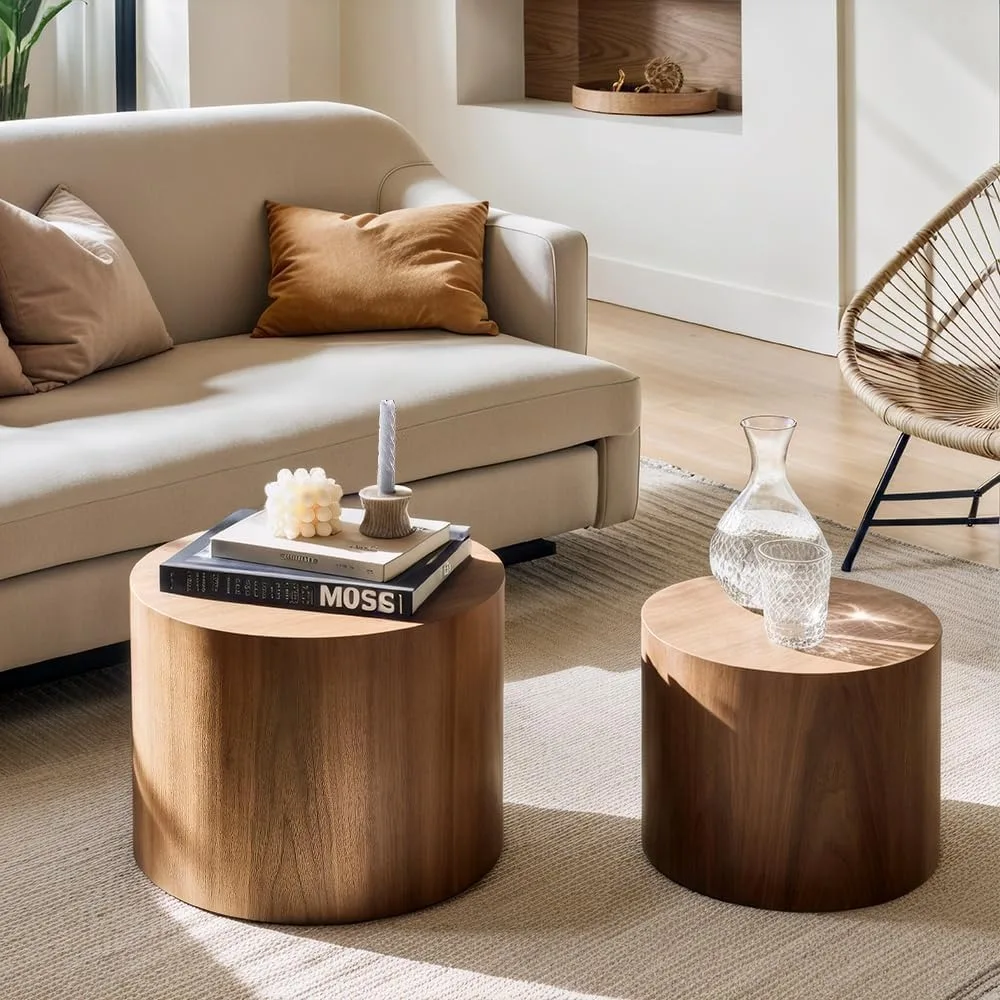 Nesting Coffee Table Set of 2, Modern Round Coffee Table with Non-Slip Feet, Walnut Wooden Circle Accent Tables for  Living Room