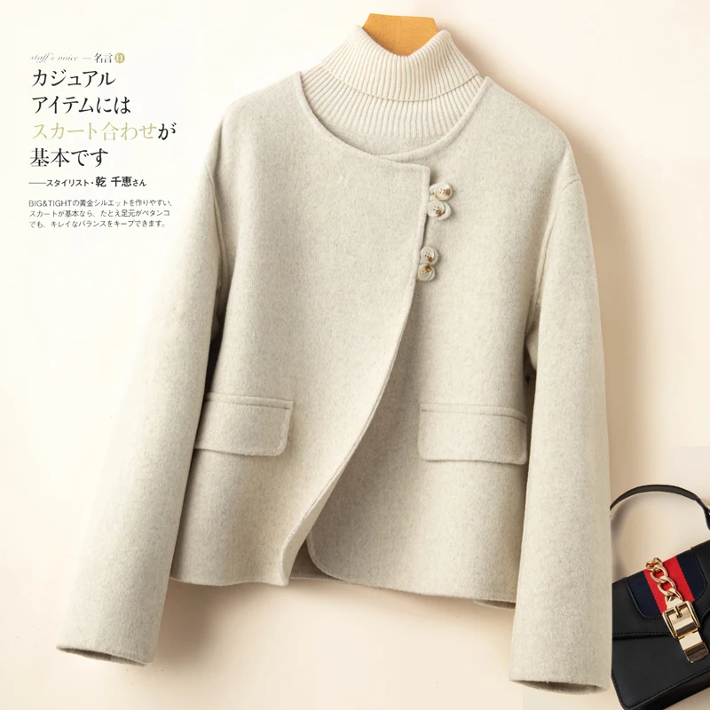 Autumn Winter New Korean Double-sided Wool Coat Short Coat 100% Wool Women\'s Round Neck Cardigan Thick Warm Tops Solid Color