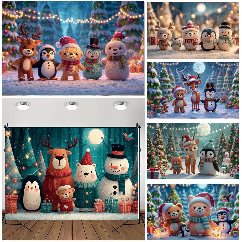 

MOON.QG Christmas Background Photography Snowy String Lights Penguins Backdrop Party Decoration Photography Props Accessories