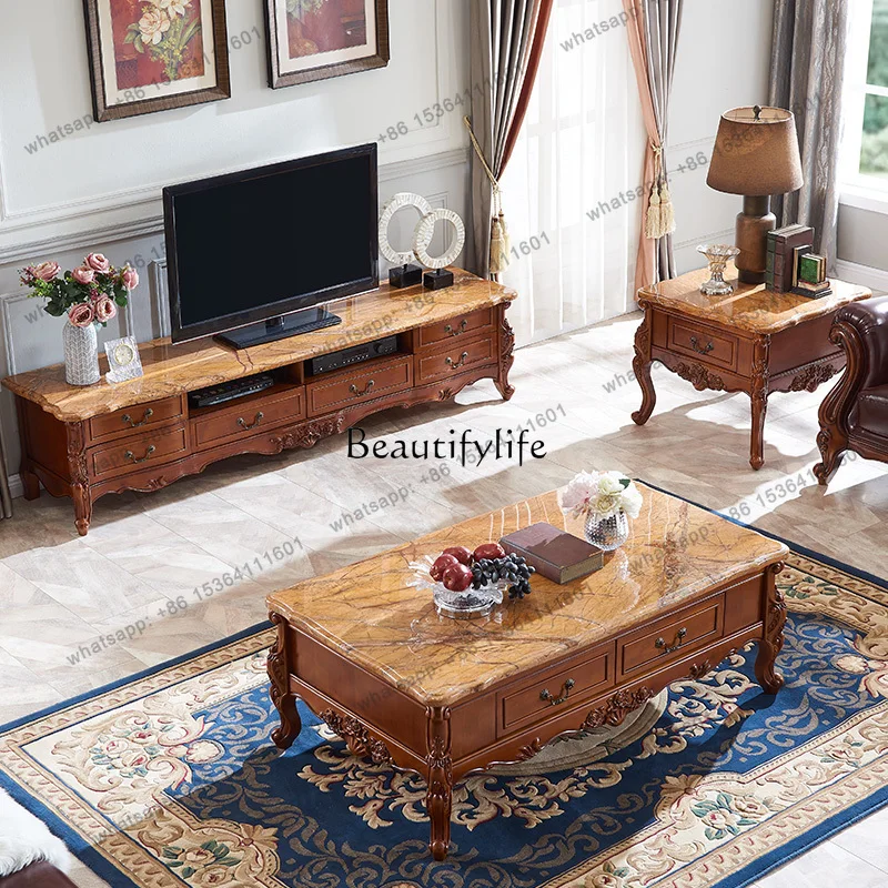 Factory Direct  American marble TV cabinet coffee table combination living room European all solid wood TV cabinet