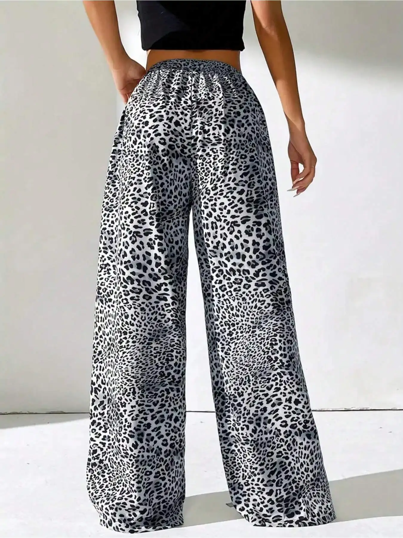 Summer Casual Elegant Spicy Girl Style Leopard Print Color Blocked Elastic Waist Wide Leg Pants Long Pants