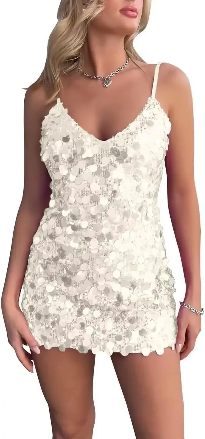 

Sparkly Sequin Homecoming Dresses Short for Teens V Neck Spaghetti Straps Semi Formal Night Out Gown Cocktail Dresses