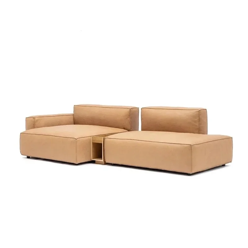 Italian minimalist leather sofa first layer cowhide Nordic living room straight row three modern small apartment tofu block