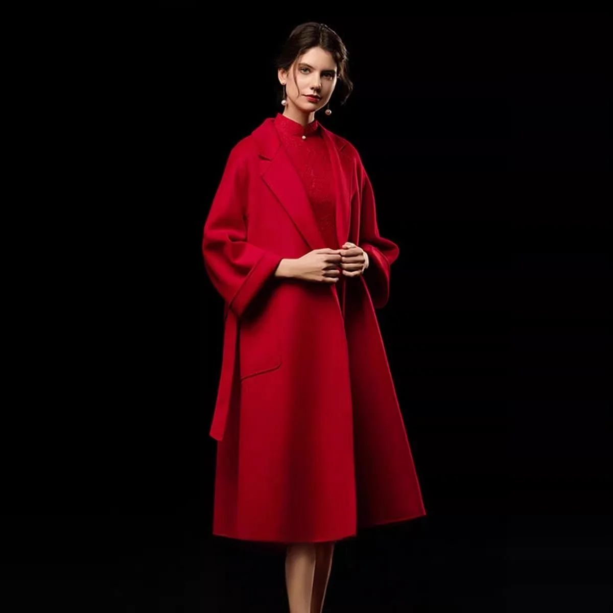 여성용 레드 울 캐머 코트, 봄 결혼식 축하복, 신부의 집에 오는 길, 캐주얼, 고급스러운 느낌, 물결무늬...