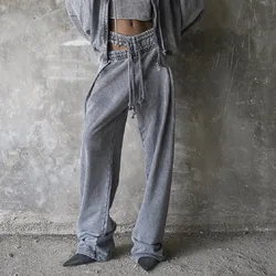 Sweatpants Women Gray Loose Casual Wide Leg Trousers Hollow Out Streetwear Vintage Female Clothing