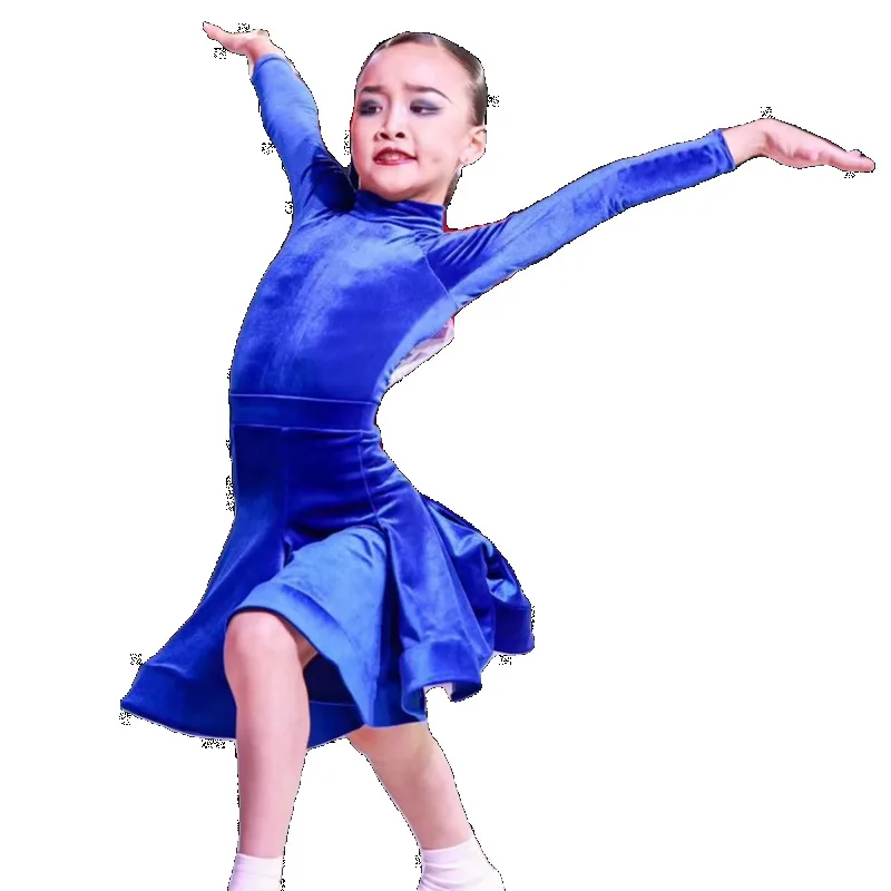 Abito da ballo latino personalizzato Regola uniforme da competizione Set uniforme Temperamento Blu Campione figlia/bambino Stesso stile
