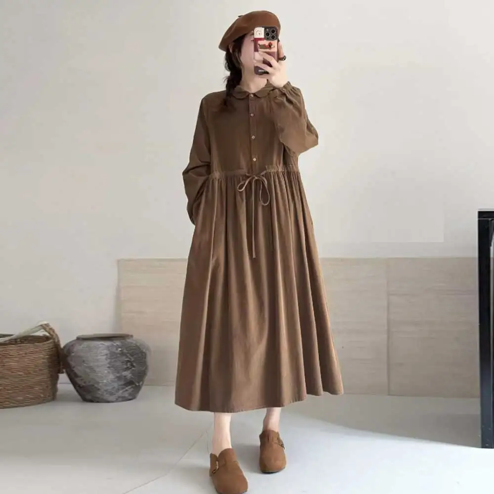 

Women Autumn Winter Vintage Mori Kei Clothing Corduroy Dress Half Open Collar Long Sleeve Lace Up Waist Casual Loose Midi Dress