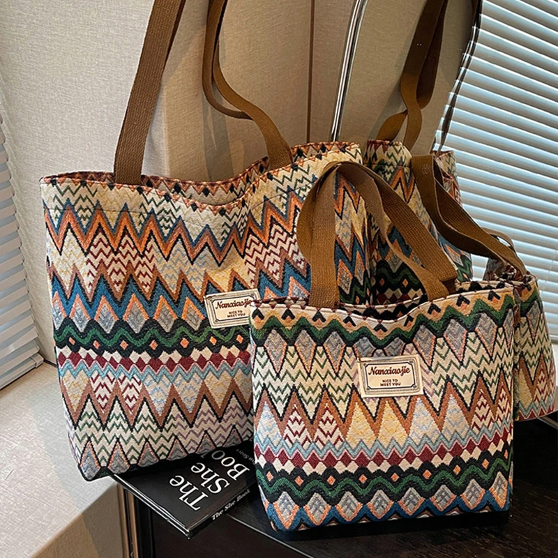 Bohemian Ethno-Stil Geometrischer Druck Canvas-Umhängetasche, Bunte Zickzack-Muster-Handtasche für Damen, Leichte Pendler-Tragetasche – Detail 4