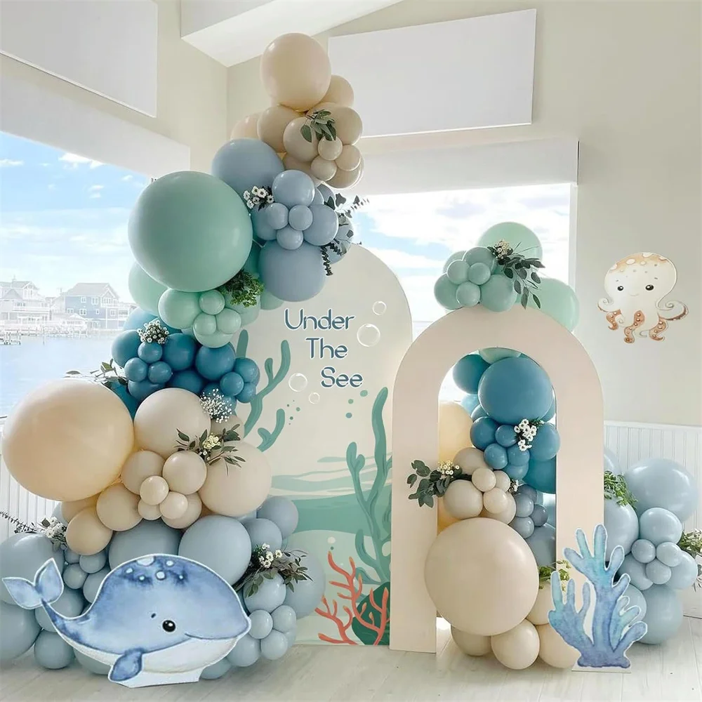 

130Pcs Ocean Themed Balloons Garland Arch Kit with Fog Blue Green Sand White Latex Balloons Baby Shower Birthday Party Decor