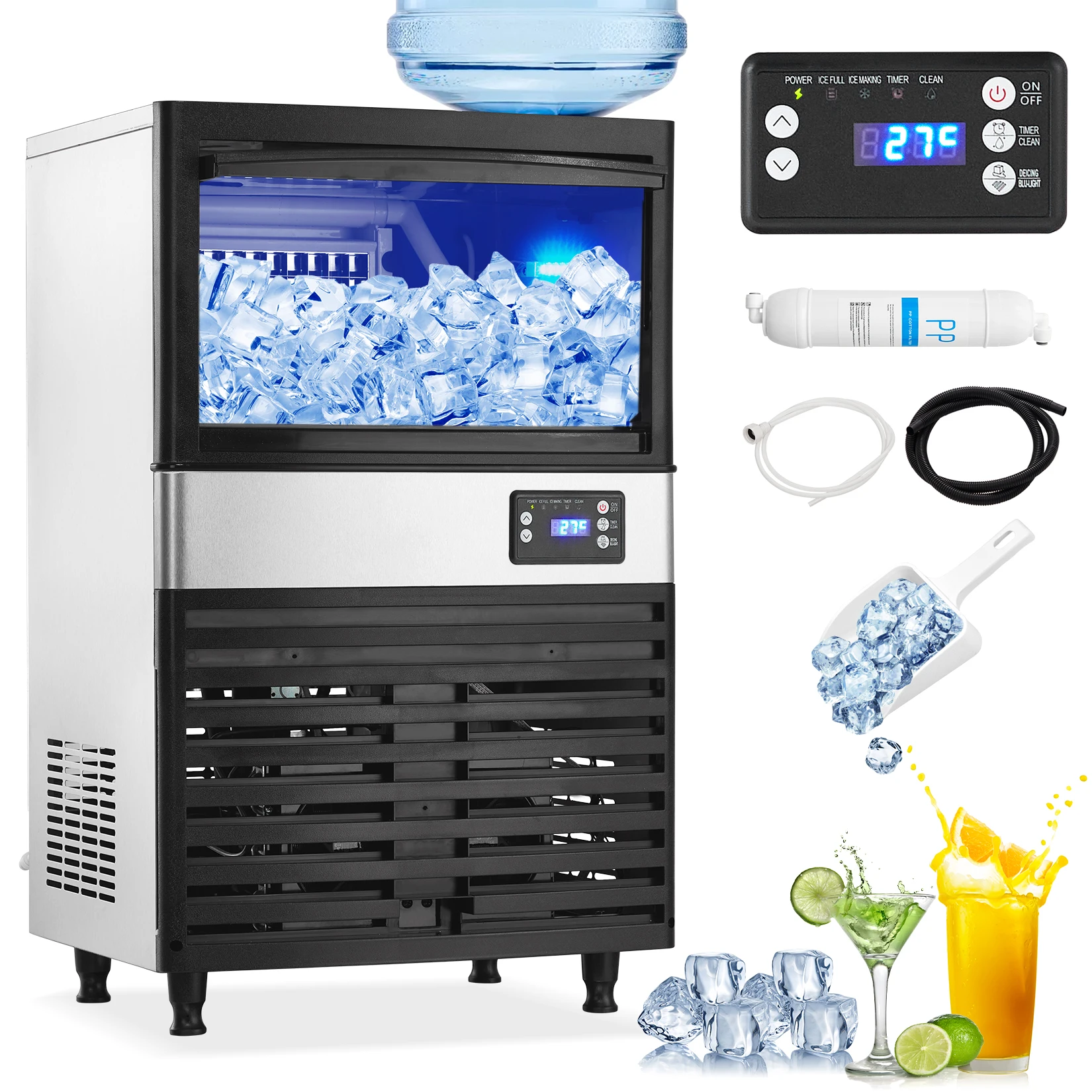 Máquina comercial Ice Maker, Clear Ice Cubes, pronto em 11-20Mins, 2 modos de entrada de água, 26lbs Storage Bin, 60pcs, 120Lbs/24H