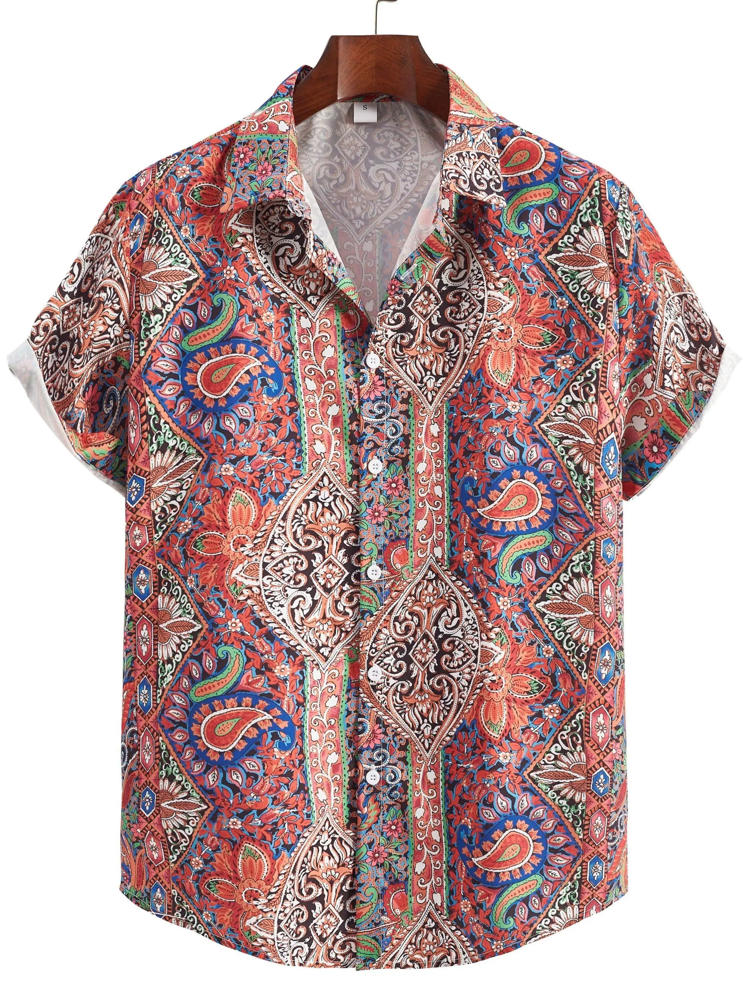 Men Short Sleeve Shirt Retro Paisley Ethnic Geometric Print Turn‑Down Collar Button‑Up Beach Summer Top