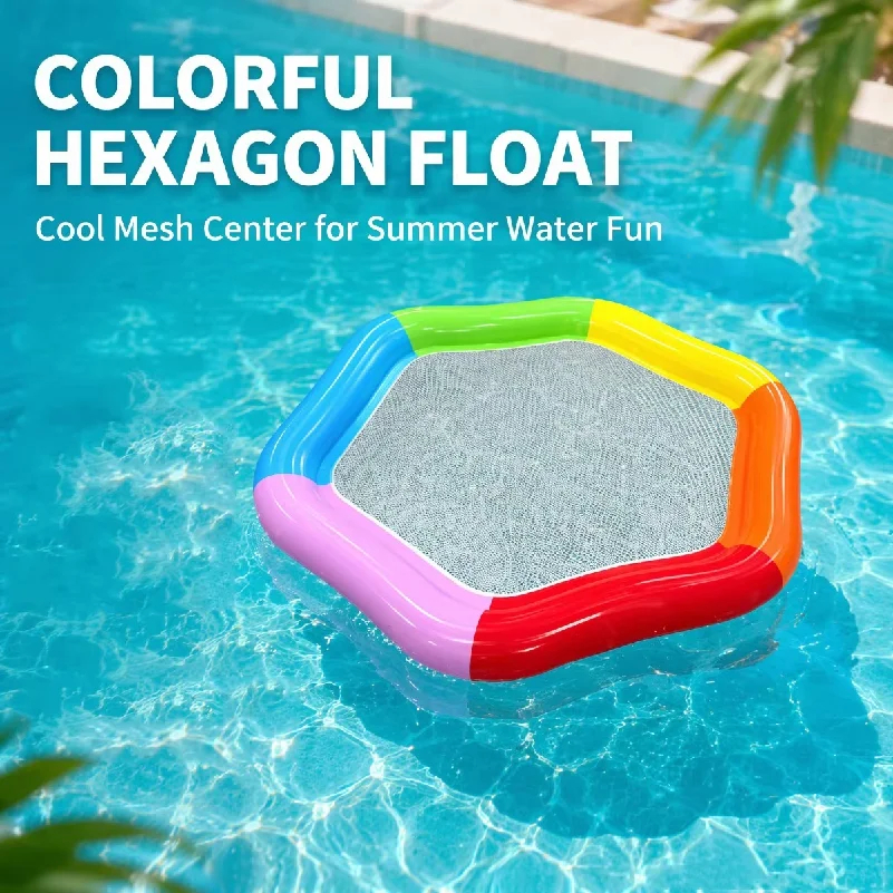 Adult Rainbow Hexagon Inflatable Pool Float with Mesh Seat Couple Water Hammock Lounger Summer Swimming Pool Floatie for Several
