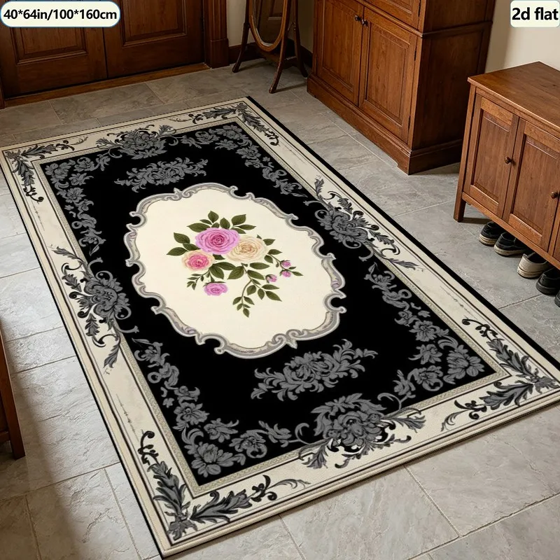 Gothic Vintage Rose Floral Carpet Flooring Ornate Frame Square Area Rug Non‑Slip Washable Floor Mat for Indoor Home Decoration