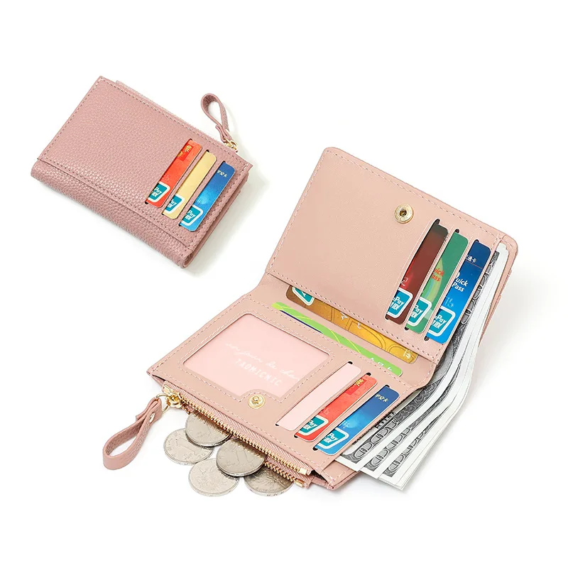 LadiesCompact Short Wallet Japanese Lychee Pattern Fashion Cross-Border Single Zipper Card Holder Silver Purse