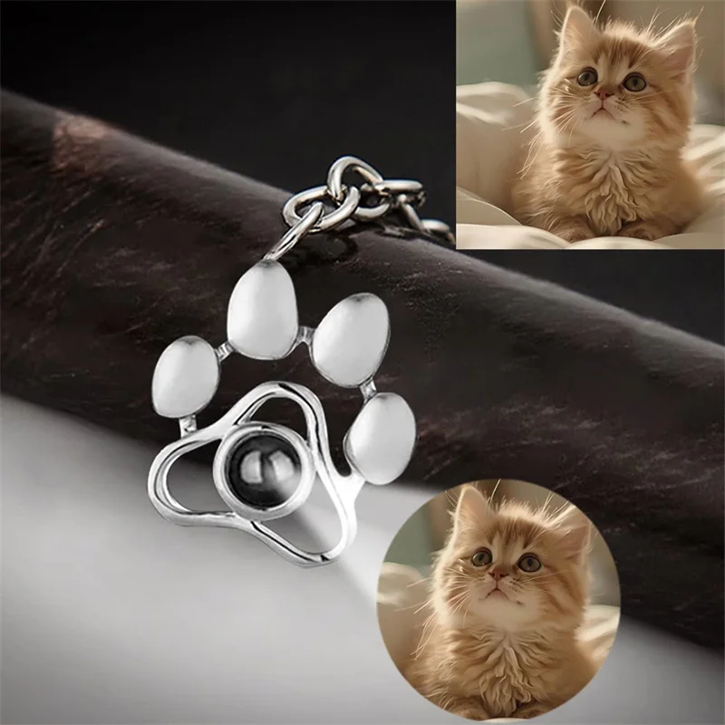 Personalized Photo Keychain Projection Keychain Pet Dog Cat Photo Projection Stainless Steel  Key Ring with Paw Print Charm