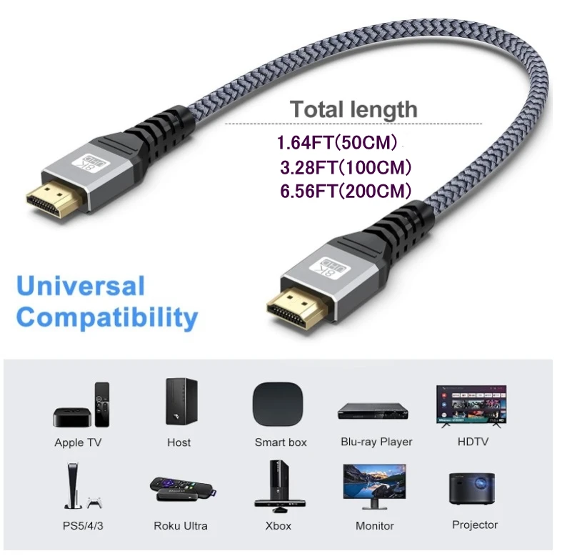 10K 8K HDMI 2.1 인증 48Gbps 초고속, 8K 60Hz, 4K 120Hz 240Hz 165Hz 144Hz 브레이디드 HDMI 케이블 넷플릭스 로쿠 TV PC용
