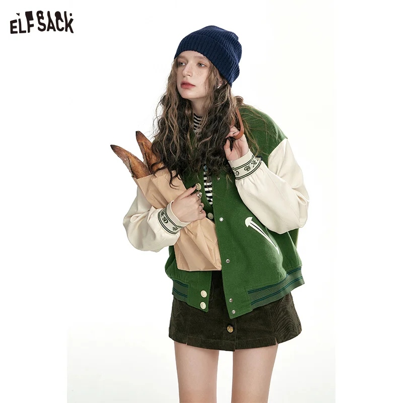 

ELFSACK Green Cargo Jackets Women 2023 Autumn/Winter Woolen Cloth SplicedLoose Casual Outwears