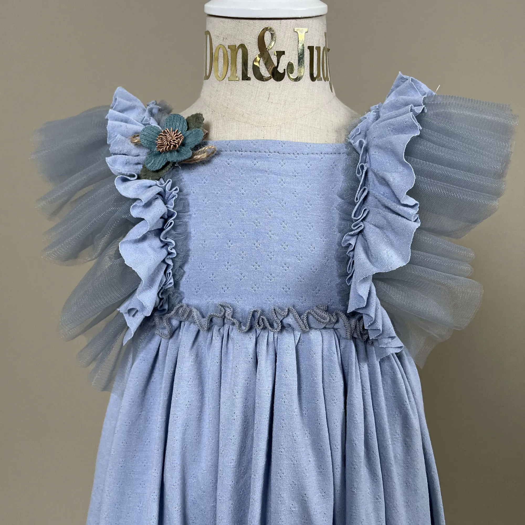 

Don&Judy Little Girl Ruffle Trim Flutter Sleeve Eyelet Cotton Dress Square Neckline A-Line Pleated Skirt Sweet Toddler Dress