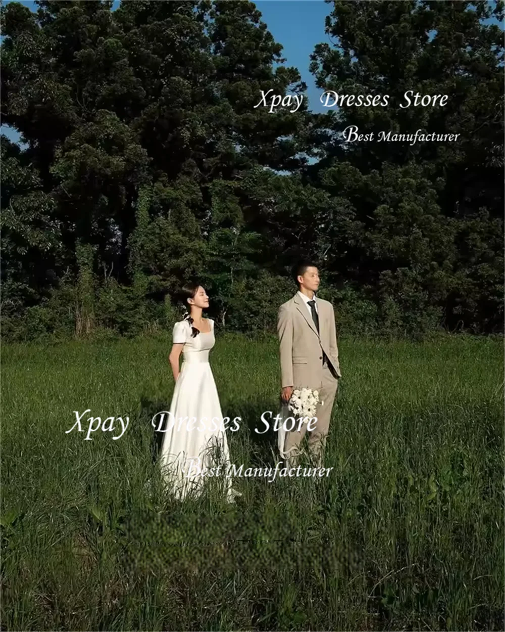 XPAY Quadratischer Kragen, schlichtes Elfenbein, kurze Ärmel, Brautkleider, Korea, Fotoshooting, Satin, bodenlanges Brautkleid, formell, individuell gestaltet