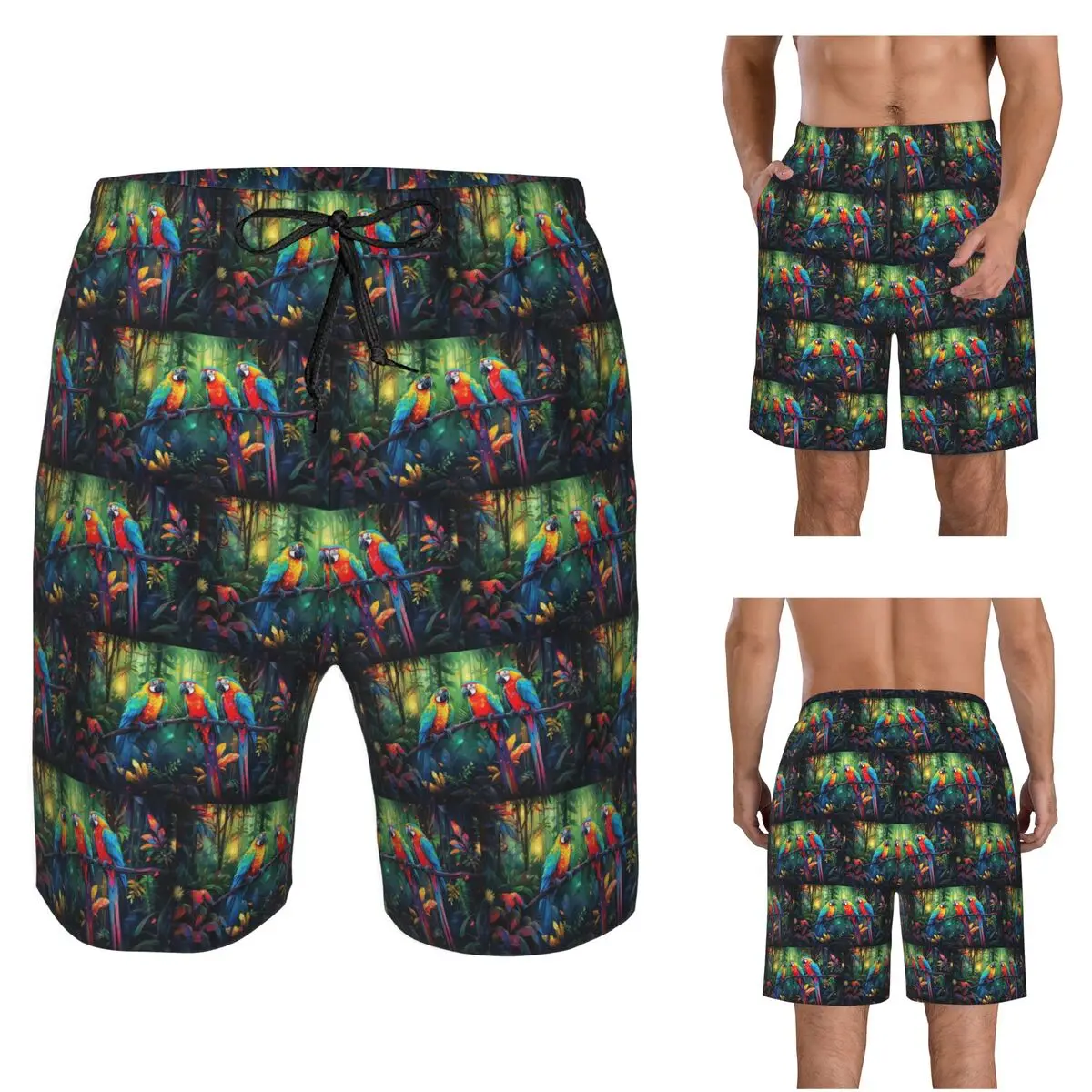 Vibrant Parrot And Forest Tropical Foliage Trunks Beach Board Shorts Casual Quick Dry Swim Summer Men Pants