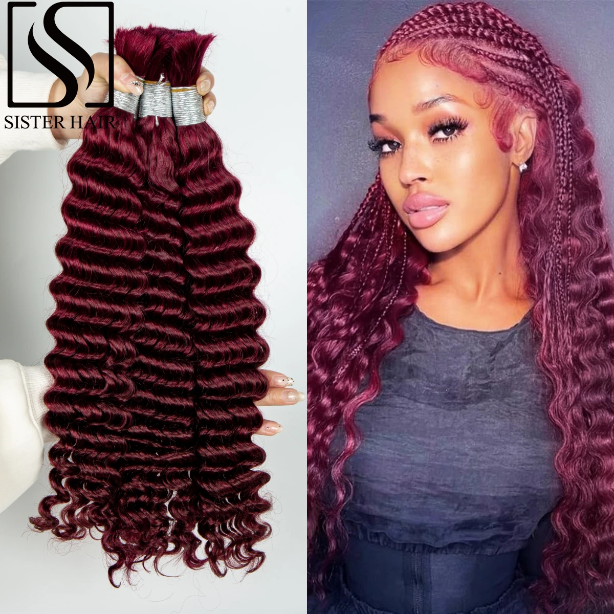 

28 Inch 100% Human Hair Burgundy Deep Wave Bulk for Black Woman No Weft Brazilian Virgin Hair Bundle For Boho Braids Extensions