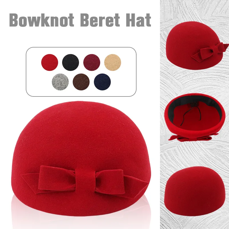 

New Women's Fedoras Felt Hat Korean Style Bow Knot Bowl Beret Topper Winter Fashion British Style Vintage Wool Painter Hat