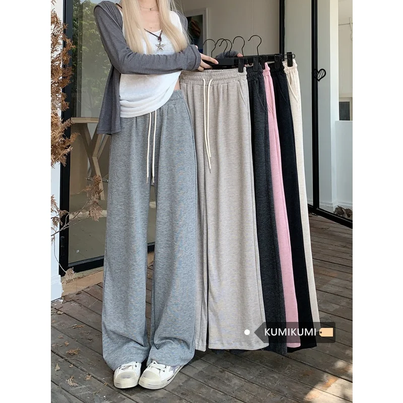 Ay Pantalones casuales hasta el suelo, cintura alta, Dstring, adelgazantes, drapeados, pierna recta, pantalones sueltos de pierna ancha para mujer