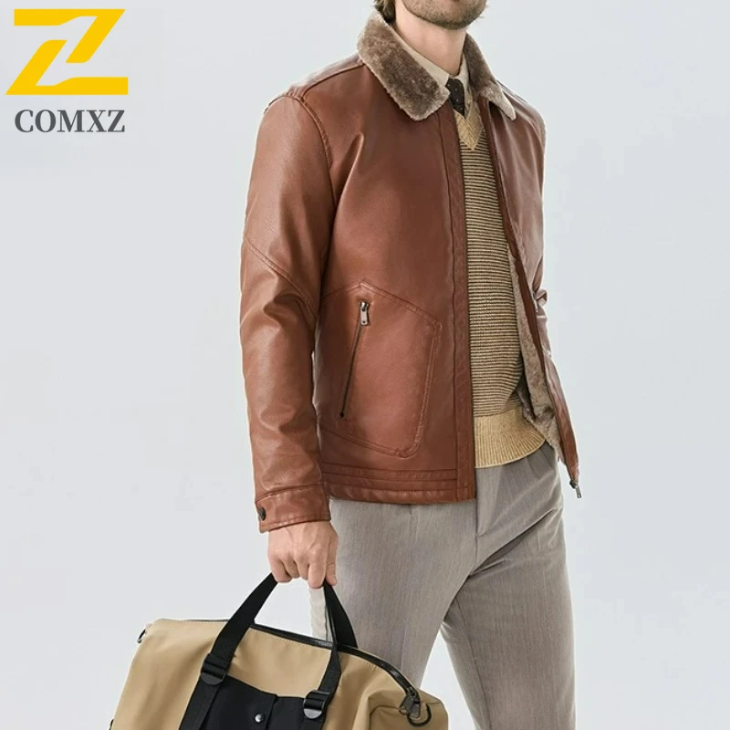 

COMXZ плюшевая теплая кожаная куртка мужская зима 2025 старший дизайнерская толстая флисовая подкладка кожаная одежда дорожное пальто для снегохода