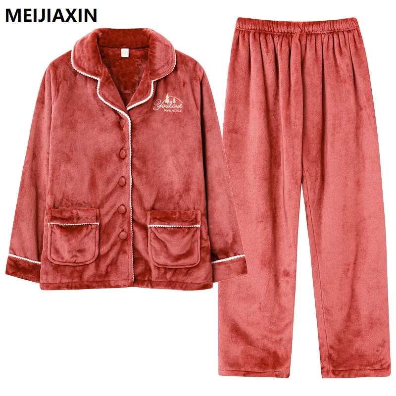 Winter Thick Warm Women Pajamas Set Flannel Women's Sleepwear Long Sleeve Turn-down Collar M-3XL Female Nightwear