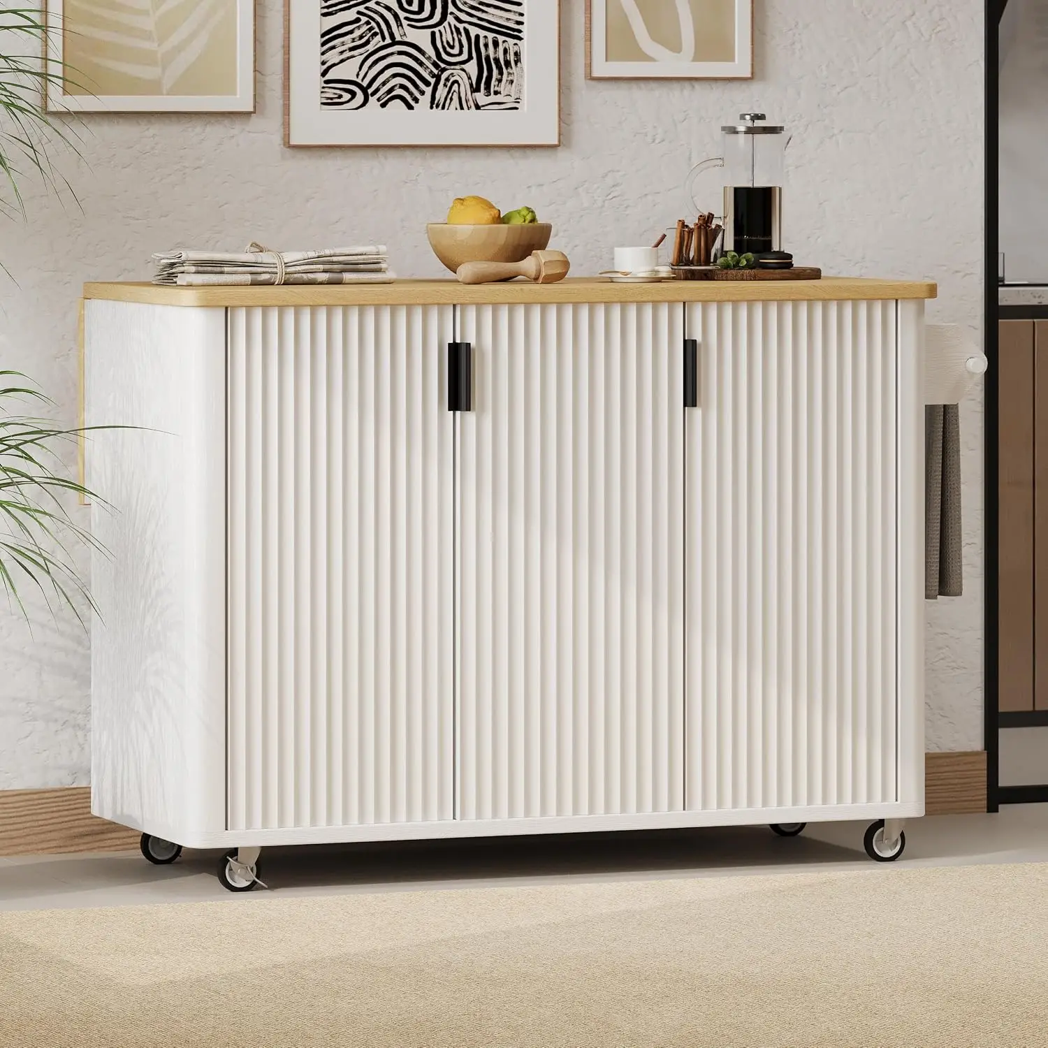 Rolling Kitchen Island Drop-Leaf Table 3D Textured Panel Storage Shelves Towel Rack Lockable Wheels 51