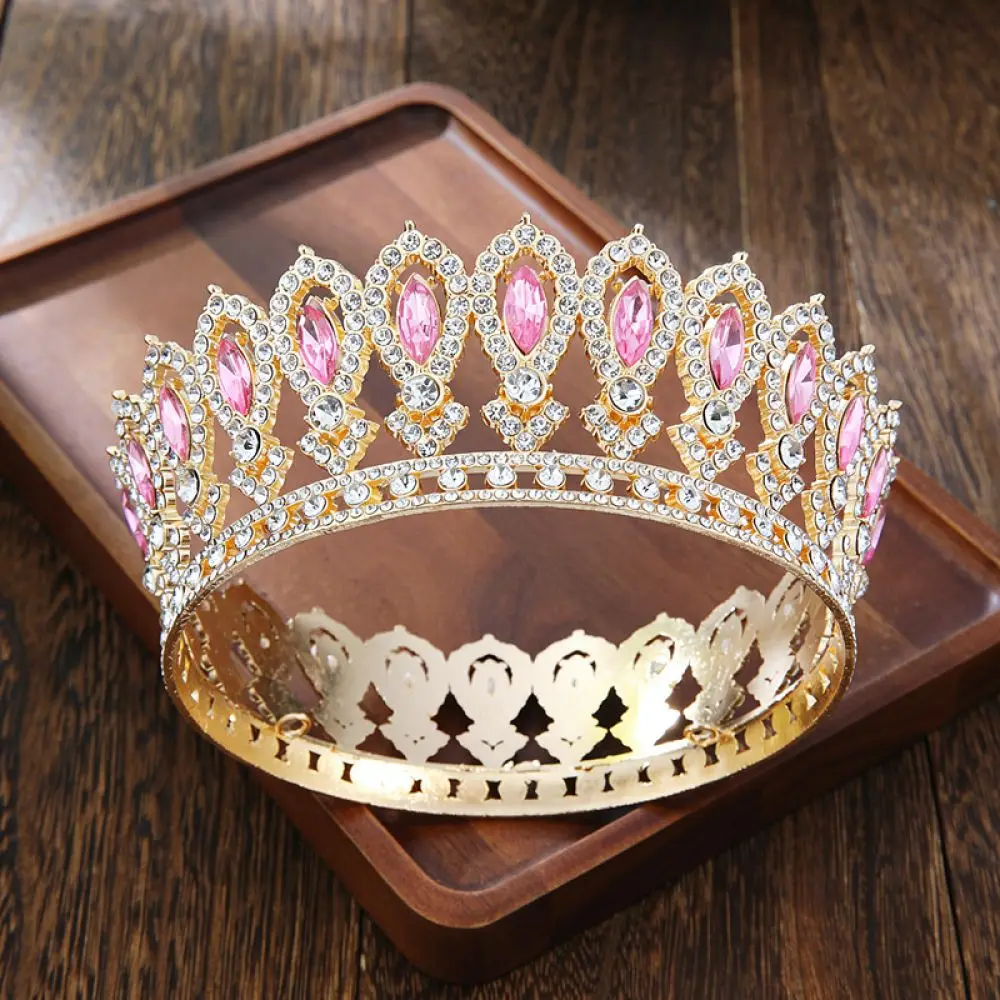 Luxury Baroque Round Crown Women Wedding Headpiece European Style Shiny Rhinestone Princess Tiara Party Hair Decoration