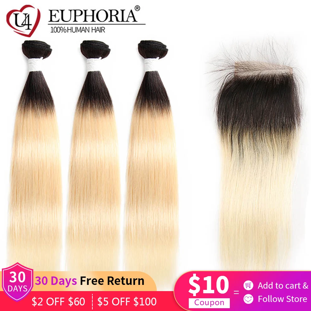 1B 613 Straight Hair Bundles With Closure 4x4 Brazilian Remy Human Hair Bundles With Lace Closure Ombre Platinum Blonde EUPHORIA