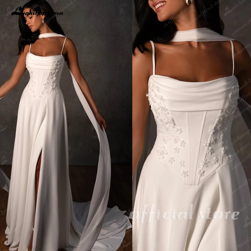 Lakshmigown Corset Satin Wedding Gowns with Shawl Vestidos Sexy Women Beach Bridal Dresses Side Split bruidsjurken Customized