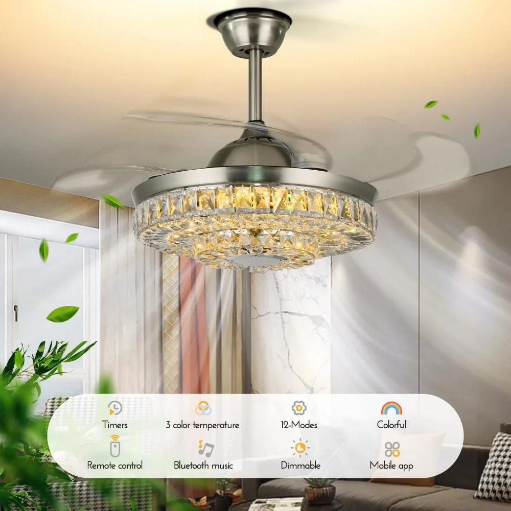 2024 New Modern Ceiling Fan with Light and Remote, Smart Bluetooth Fandelier with Dimmable RGB Colors Music Speaker