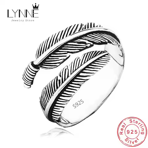 New Fashion Antique 925 Sterling Silver Feather Rings Vintage Adjustable Leaf Wishbone Ring Wholesale Street Style Women Jewelry