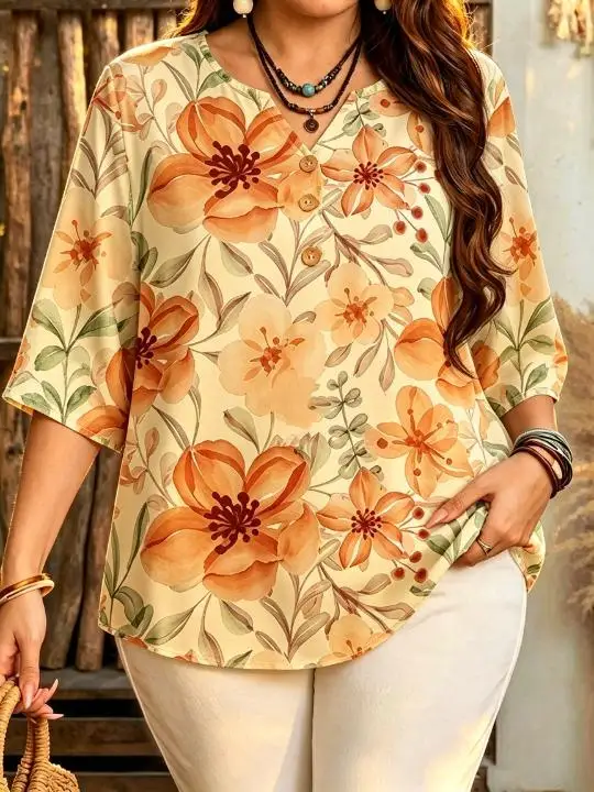 Watercolor Full Bloom Floral Leaf All Over Print Women Blouse 3/4 Sleeve Notch V Neck Decor Button Summer Casual Tops