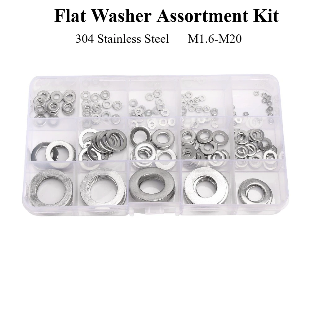 

304 Stainless Steel Flat Washer Assortment Kit, M1.6- M20 Metal Gasket Set, Rustproof Hardware Washers for DIY Repair Fasteners