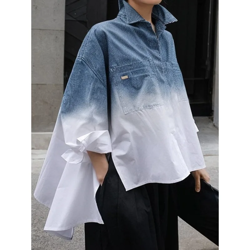 

Женские рубашки с градиентом и высоким и низким вырезом, весна 2026, стильные повседневные свободные блузки с лацканами и длинными рукавами, карманами, плиссированные блузки сзади 181066